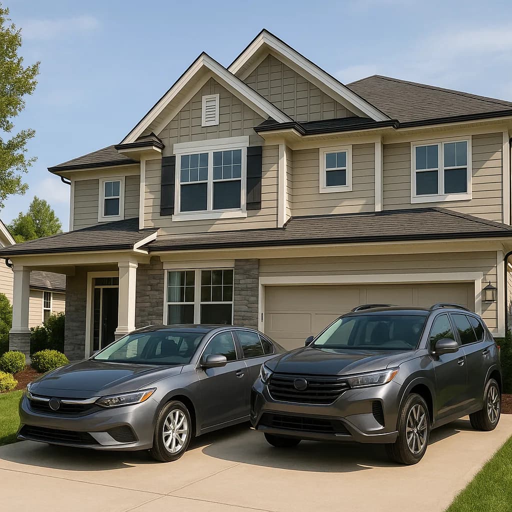 Modern two-story suburban house with two gray cars parked in driveway